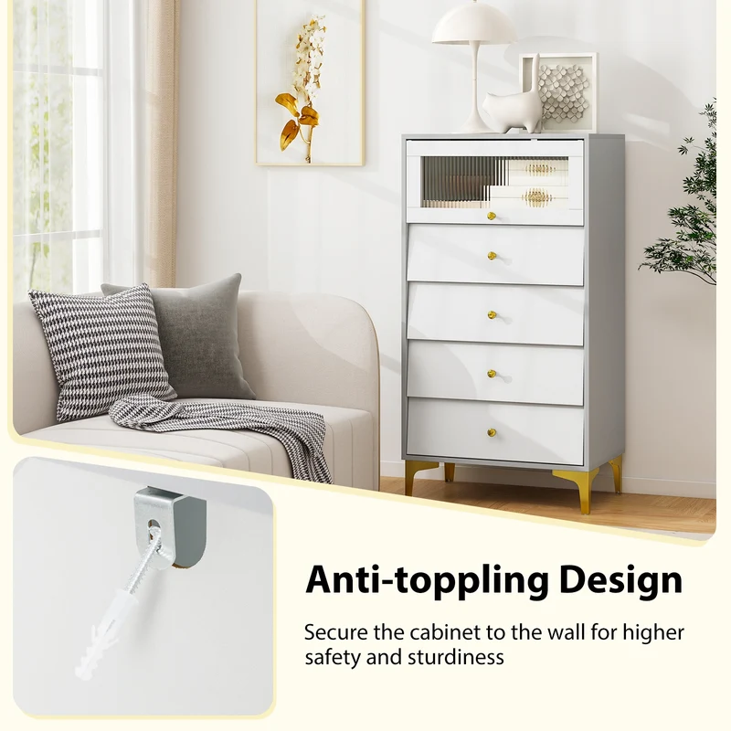 Modern Storage Cabinet, 4 Drawer, Flip Up Fluted Glass Door, Gray and White