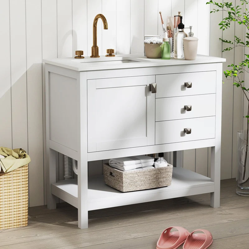 Freestanding Bathroom Vanity With Basin, Floor Storage Cabinet, White