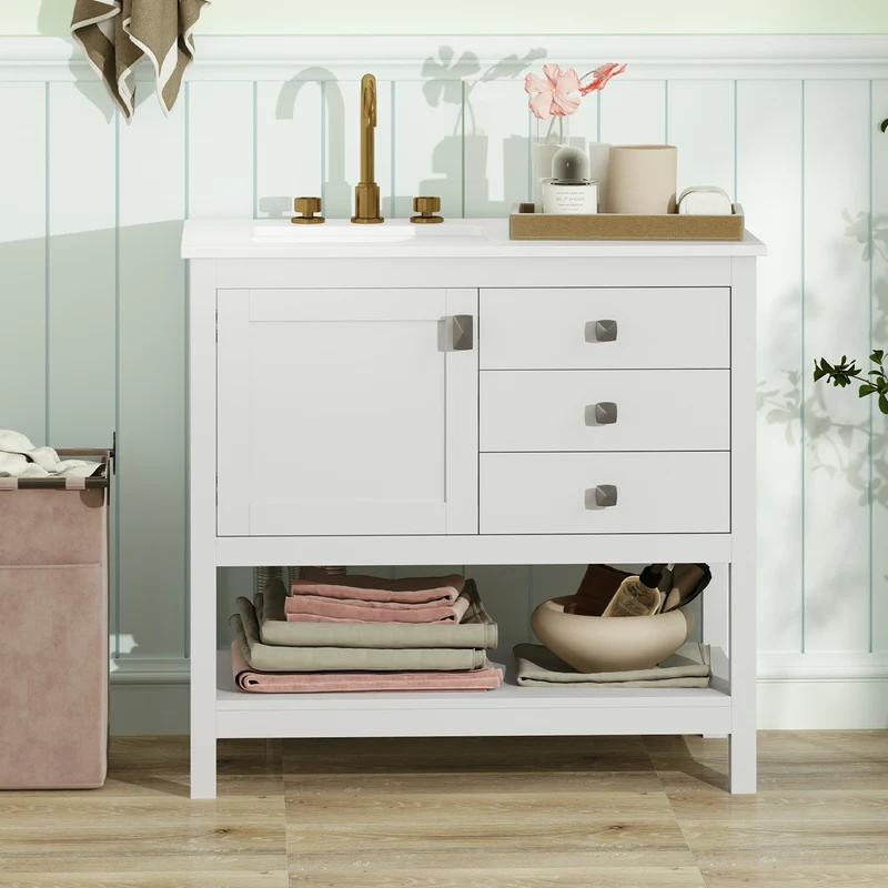 Freestanding Bathroom Vanity With Basin, Floor Storage Cabinet, White