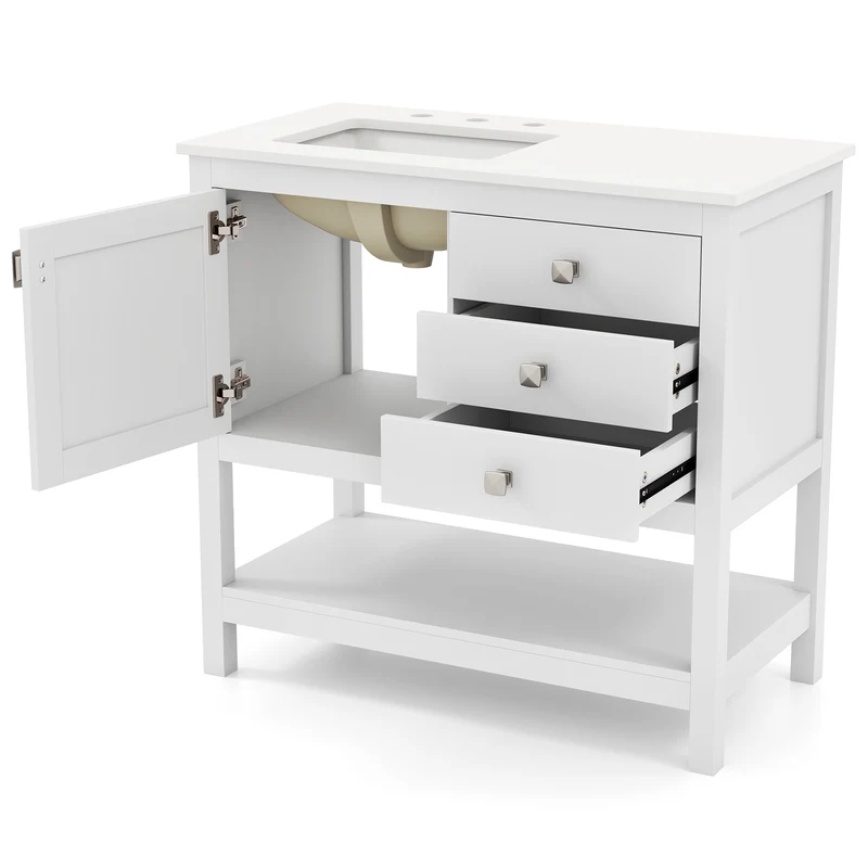 Freestanding Bathroom Vanity With Basin, Floor Storage Cabinet, White