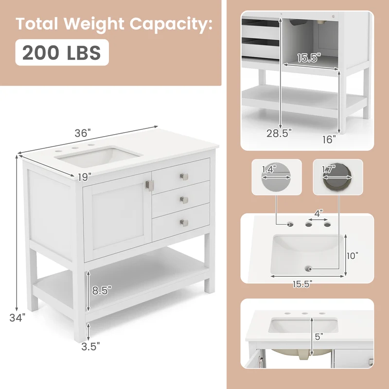 Freestanding Bathroom Vanity With Basin, Floor Storage Cabinet, White