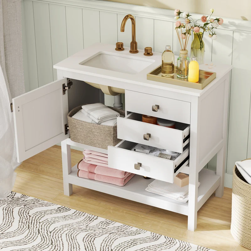 Freestanding Bathroom Vanity With Basin, Floor Storage Cabinet, White