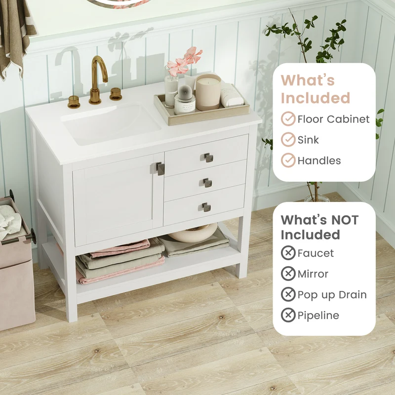 Freestanding Bathroom Vanity With Basin, Floor Storage Cabinet, White