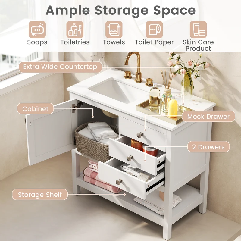 Freestanding Bathroom Vanity With Basin, Floor Storage Cabinet, White