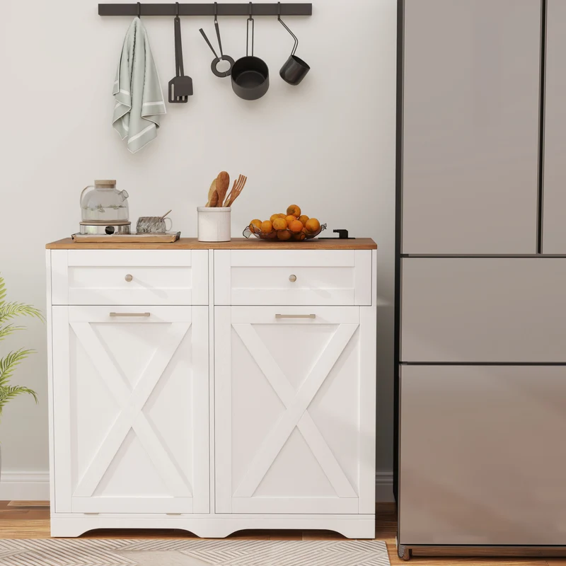 Tilt Out Trash Can Cabinet With Outlets, Adjustable Shelf, White