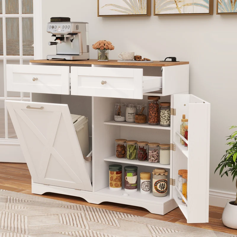 Tilt Out Trash Can Cabinet With Outlets, Adjustable Shelf, White