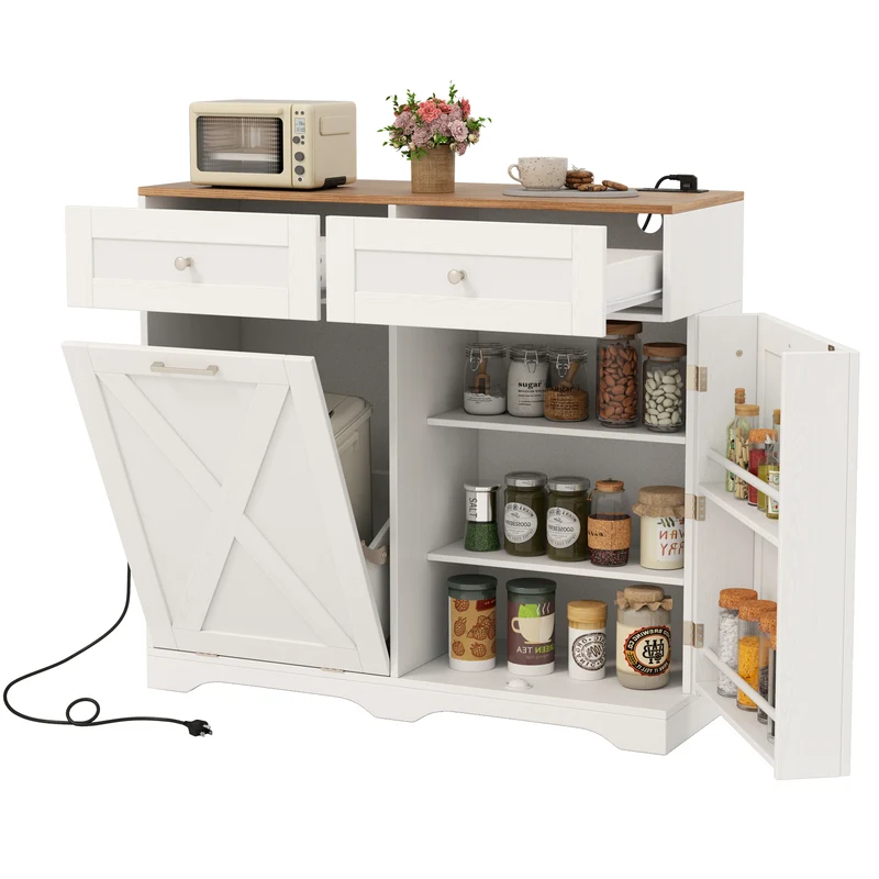 Tilt Out Trash Can Cabinet With Outlets, Adjustable Shelf, White