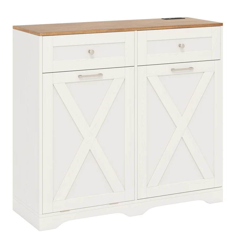 Tilt Out Trash Can Cabinet With Outlets, Adjustable Shelf, White