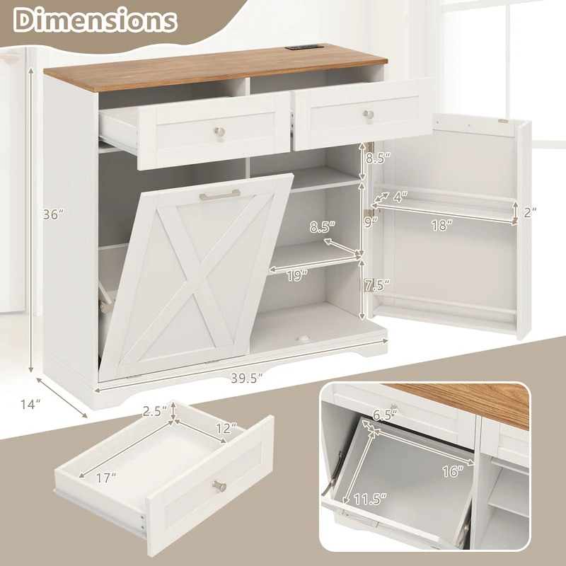 Tilt Out Trash Can Cabinet With Outlets, Adjustable Shelf, White