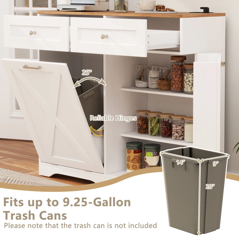 Tilt Out Trash Can Cabinet With Outlets, Adjustable Shelf, White