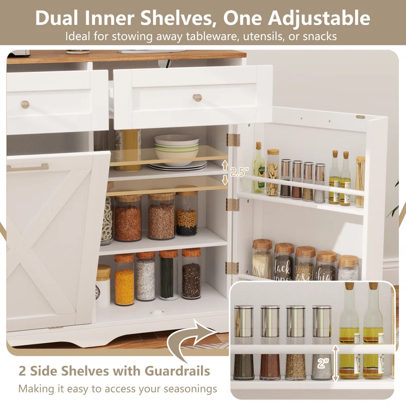 Tilt Out Trash Can Cabinet With Outlets, Adjustable Shelf, White