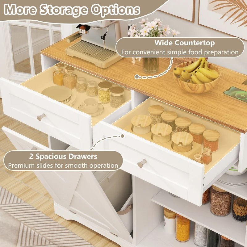 Tilt Out Trash Can Cabinet With Outlets, Adjustable Shelf, White