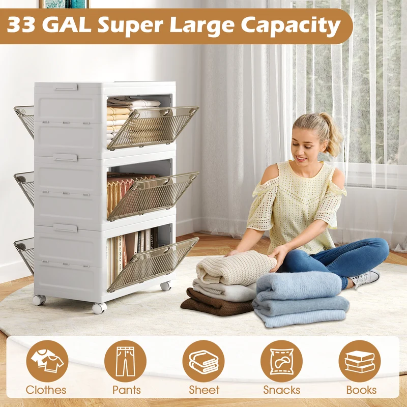 33 Gal Stackable Plastic Storage Bins, 3-Pack With Lid, White