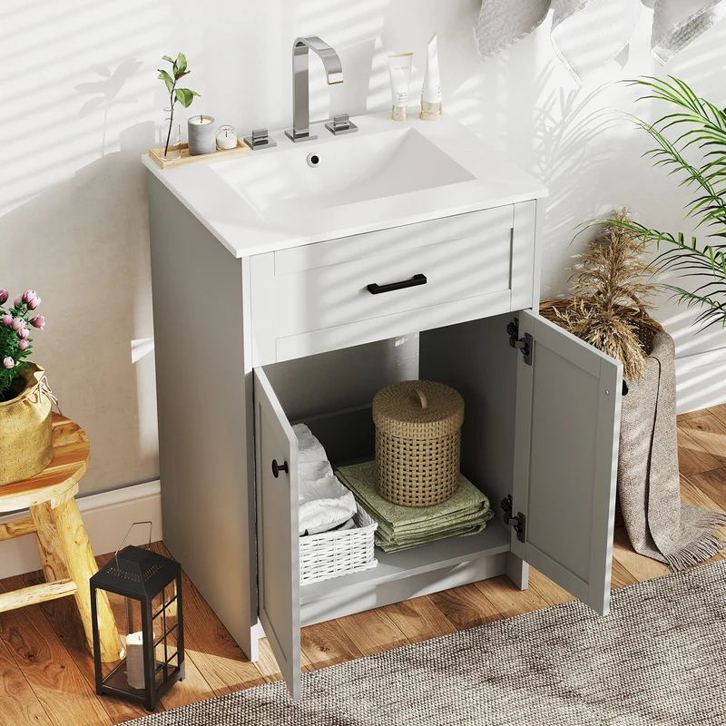 Bathroom Vanity Unit With Basin, 2 Doors, Gray