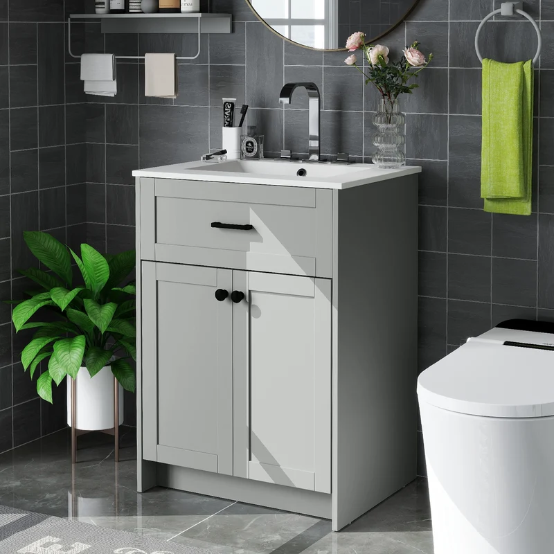 Bathroom Vanity Unit With Basin, 2 Doors, Gray