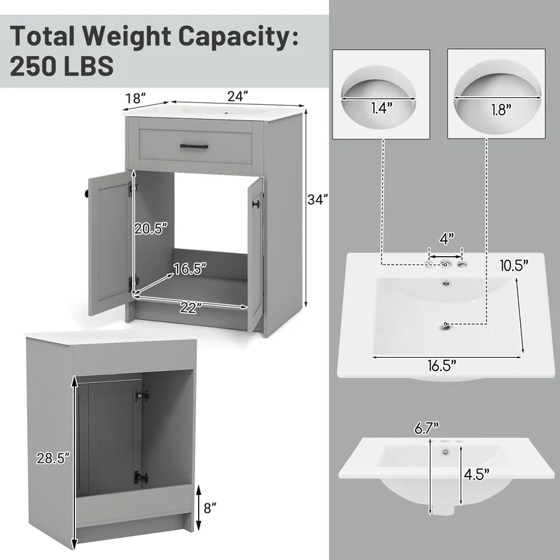 Bathroom Vanity Unit With Basin, 2 Doors, Gray