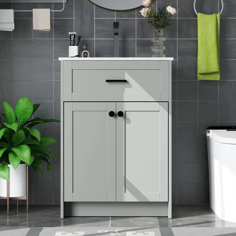 Bathroom Vanity Unit With Basin, 2 Doors, Gray