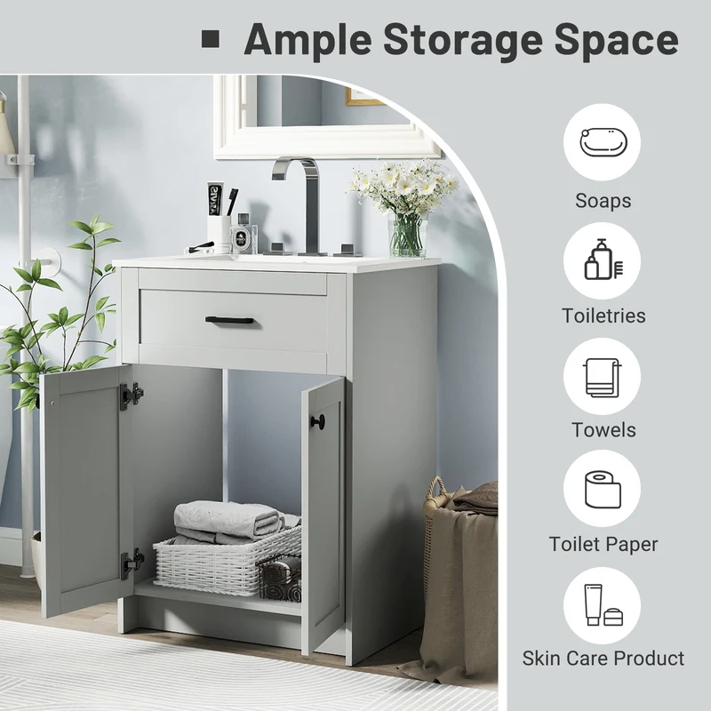 Bathroom Vanity Unit With Basin, 2 Doors, Gray
