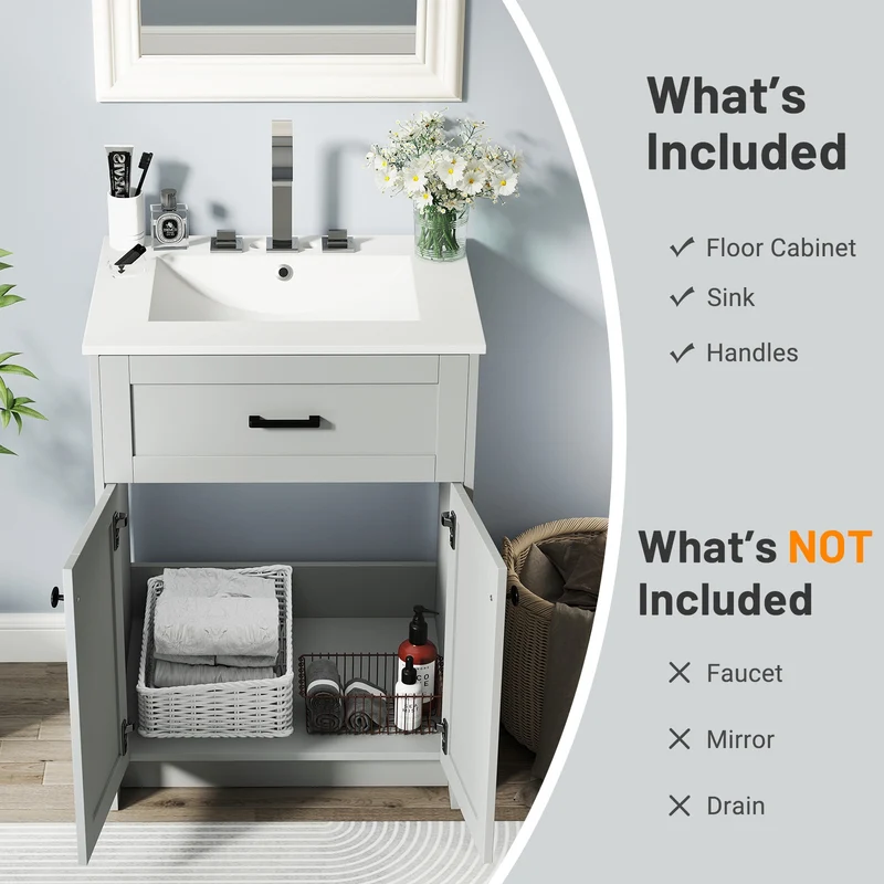 Bathroom Vanity Unit With Basin, 2 Doors, Gray