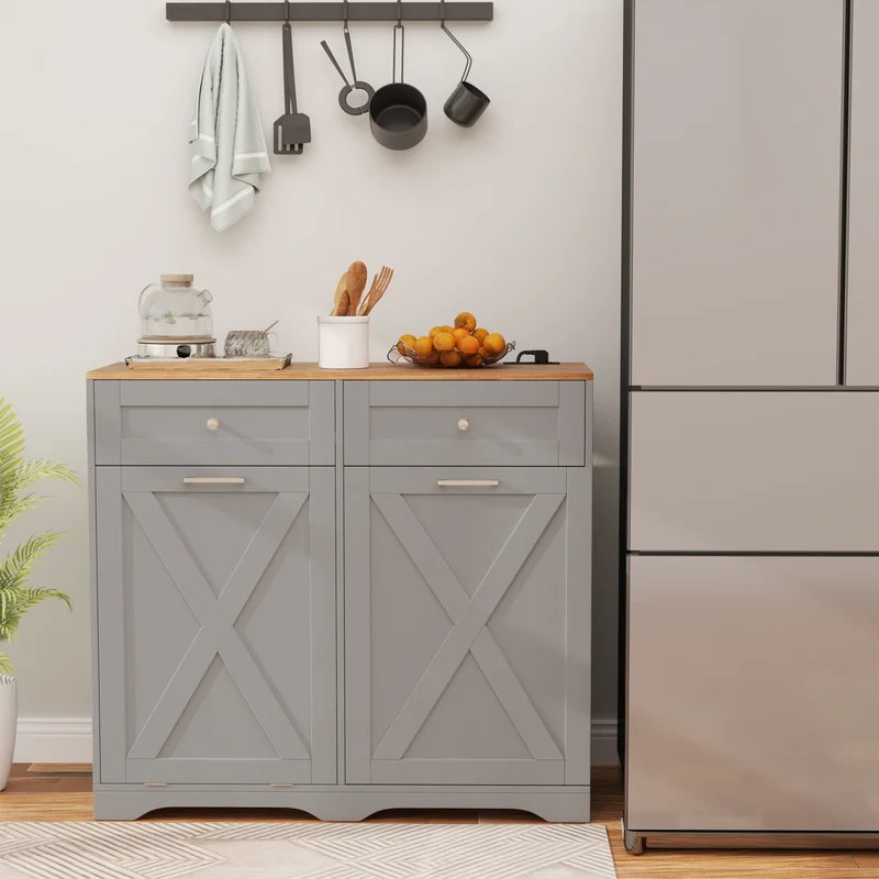 Tilt Out Trash Can Cabinet, With Outlets And Adjustable Shelf, Gray