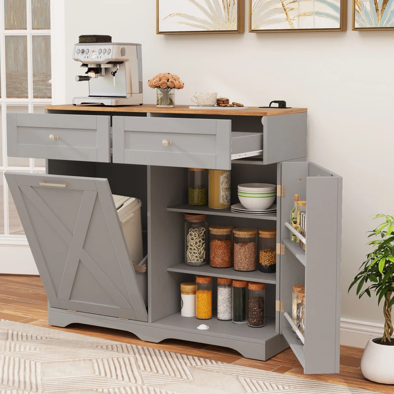 Tilt Out Trash Can Cabinet, With Outlets And Adjustable Shelf, Gray