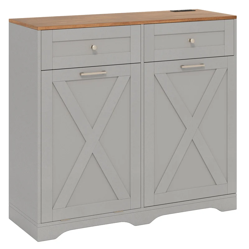 Tilt Out Trash Can Cabinet, With Outlets And Adjustable Shelf, Gray