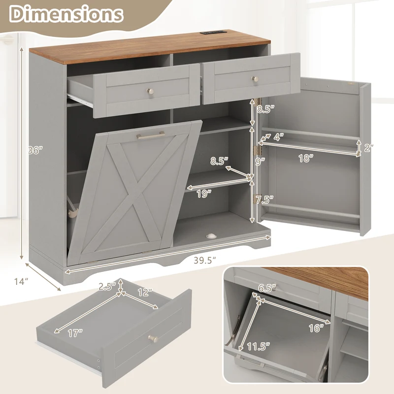 Tilt Out Trash Can Cabinet, With Outlets And Adjustable Shelf, Gray
