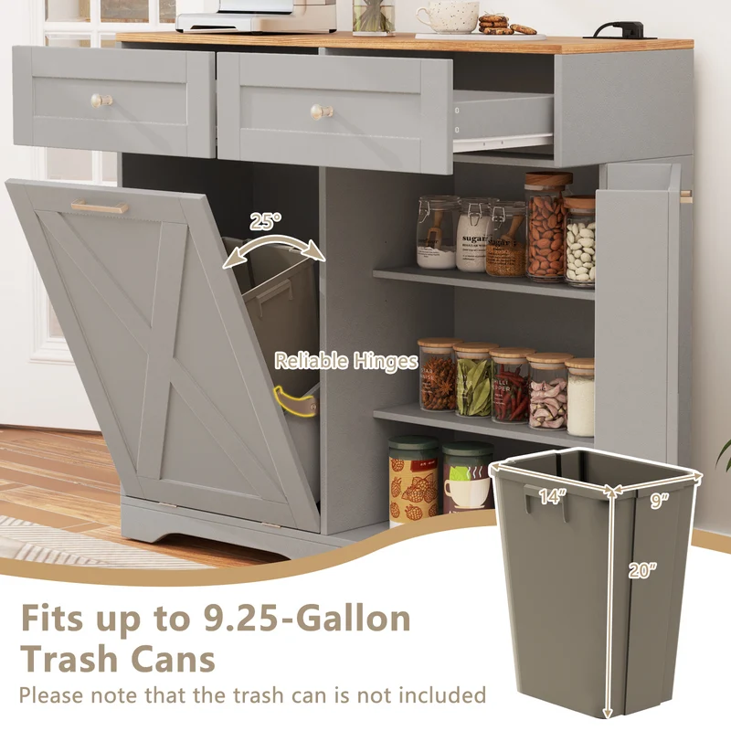 Tilt Out Trash Can Cabinet, With Outlets And Adjustable Shelf, Gray