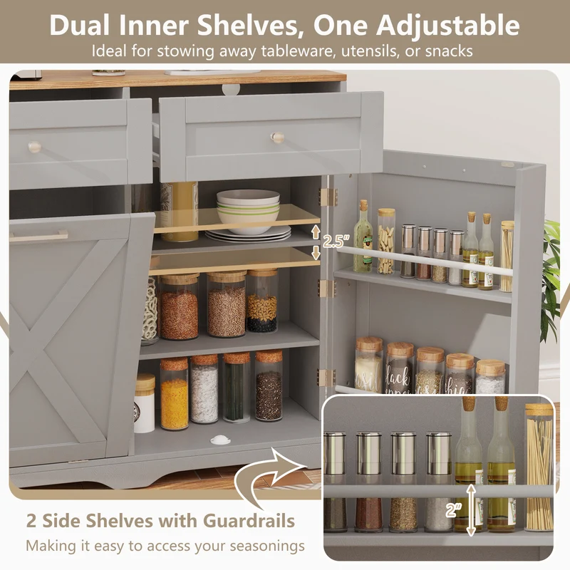 Tilt Out Trash Can Cabinet, With Outlets And Adjustable Shelf, Gray