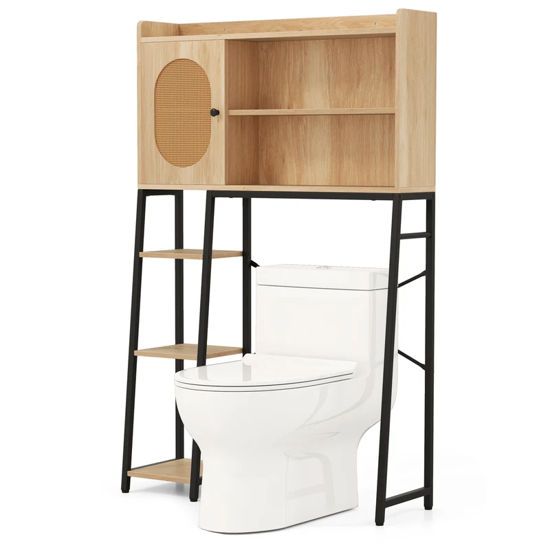 Over The Toilet Storage Cabinet, PE Rattan Door, Open Shelves, Natural