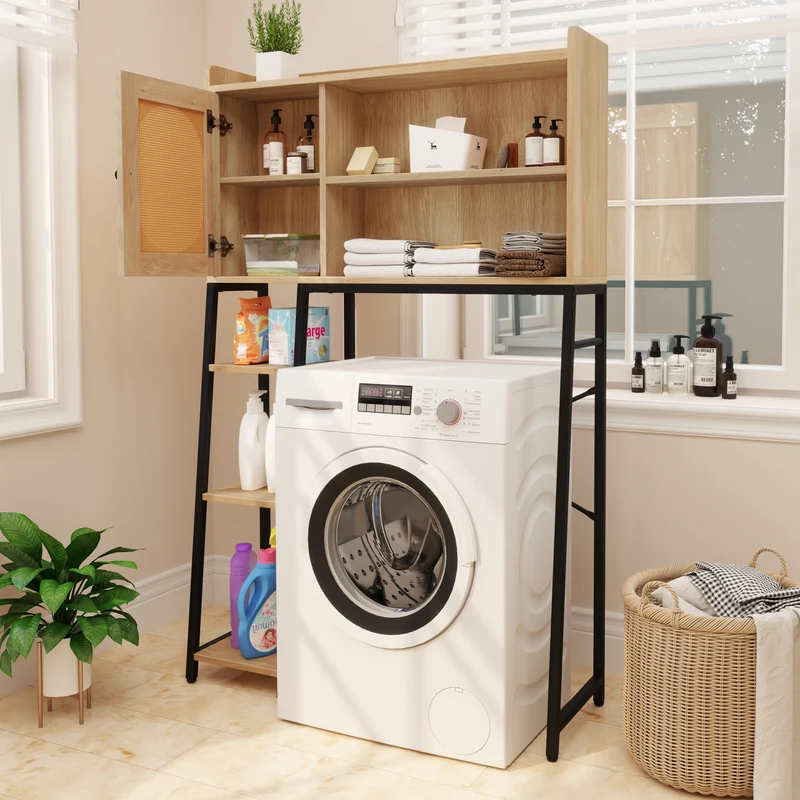 Over The Toilet Storage Cabinet, PE Rattan Door, Open Shelves, Natural