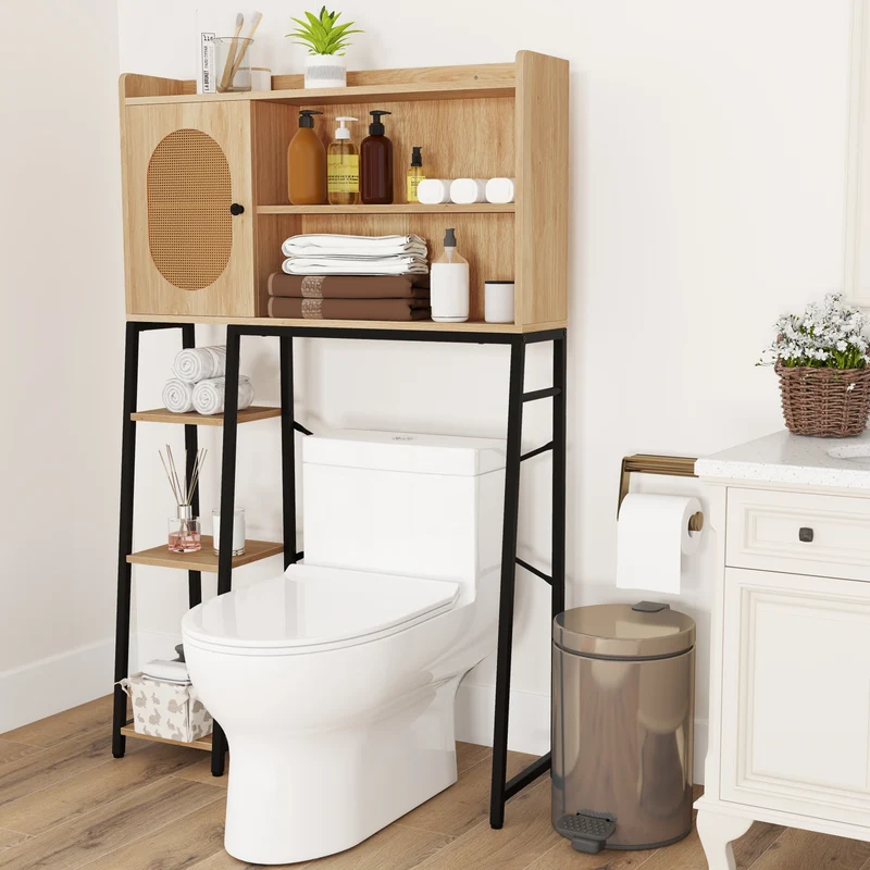 Over The Toilet Storage Cabinet, PE Rattan Door, Open Shelves, Natural