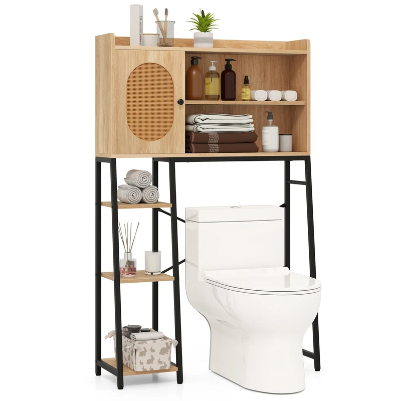 Over The Toilet Storage Cabinet, PE Rattan Door, Open Shelves, Natural