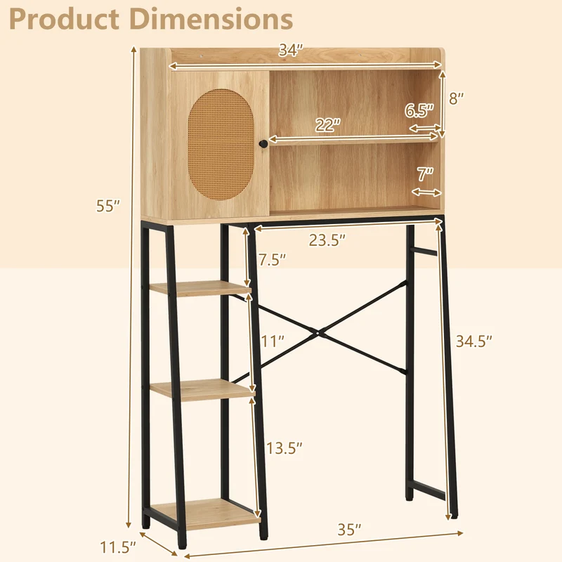 Over The Toilet Storage Cabinet, PE Rattan Door, Open Shelves, Natural