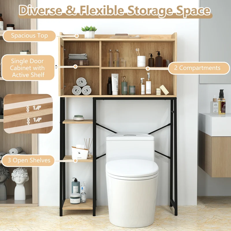 Over The Toilet Storage Cabinet, PE Rattan Door, Open Shelves, Natural