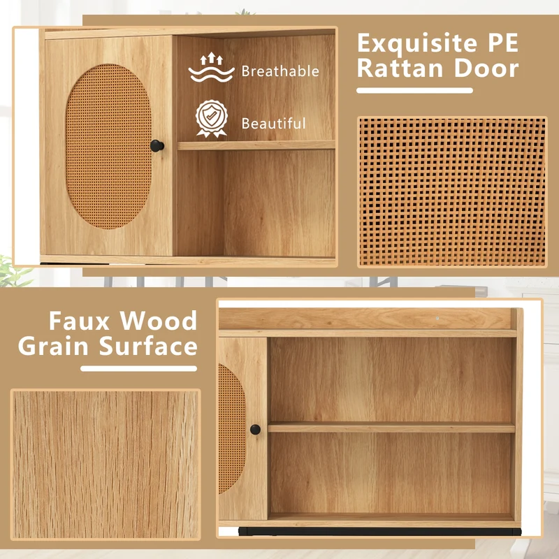 Over The Toilet Storage Cabinet, PE Rattan Door, Open Shelves, Natural