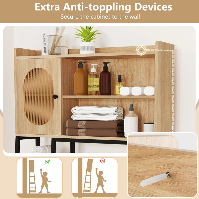 Over The Toilet Storage Cabinet, PE Rattan Door, Open Shelves, Natural