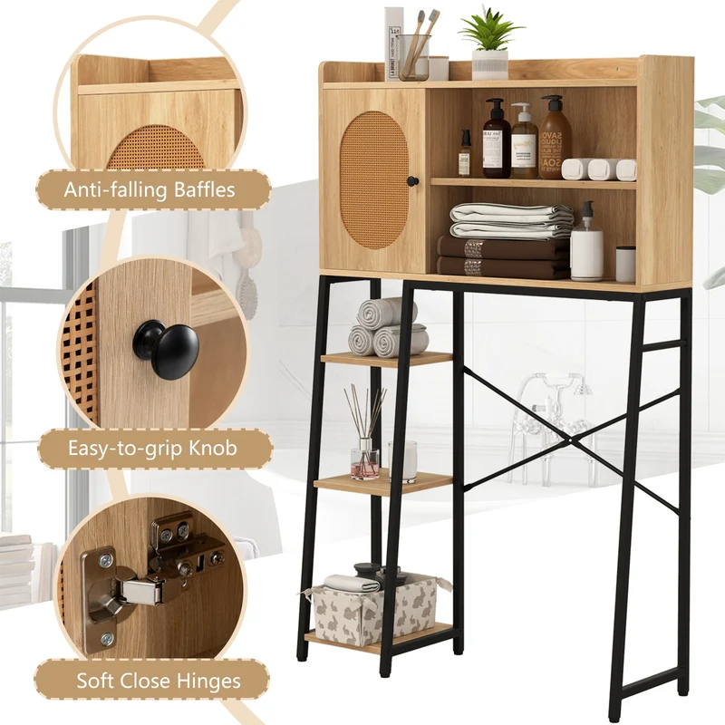Over The Toilet Storage Cabinet, PE Rattan Door, Open Shelves, Natural
