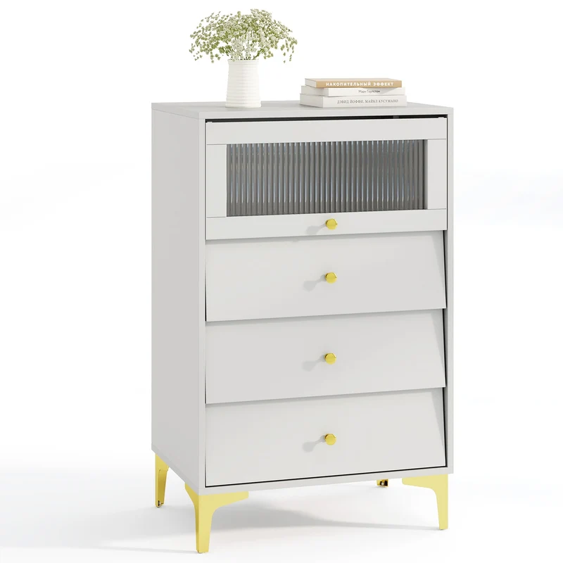 Modern Storage Cabinet, Flip Up Fluted Glass Door, Pull-Out Drawers, Gray