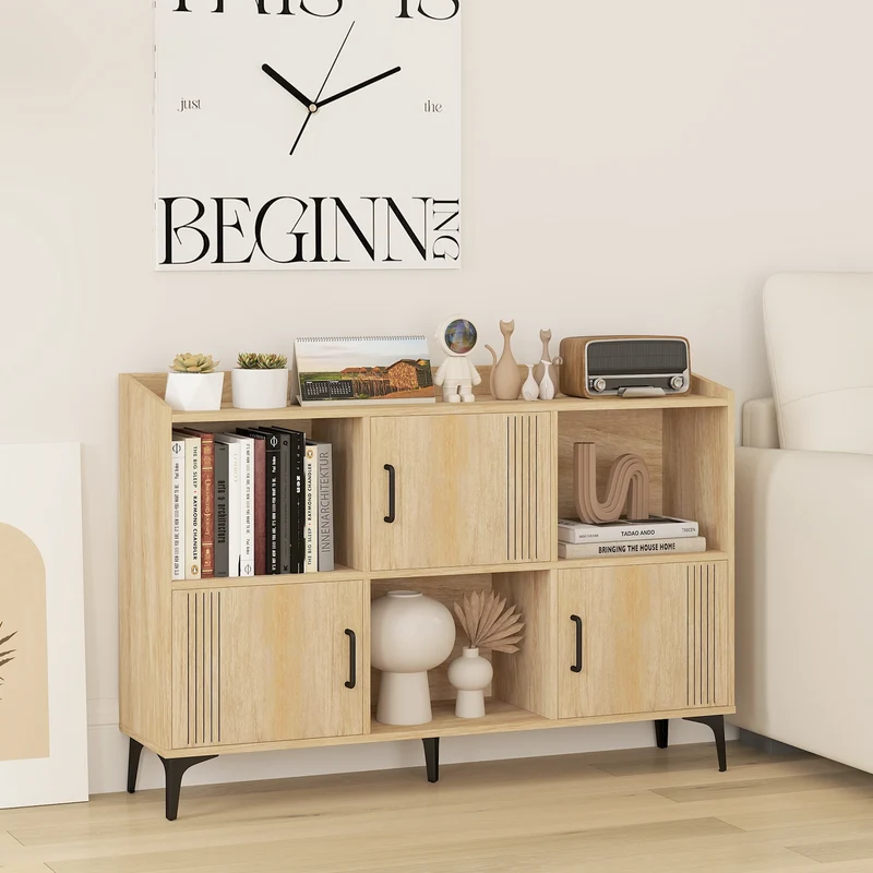 Sideboard Storage Cabinet, 3 Doors, Open Compartments, Oak