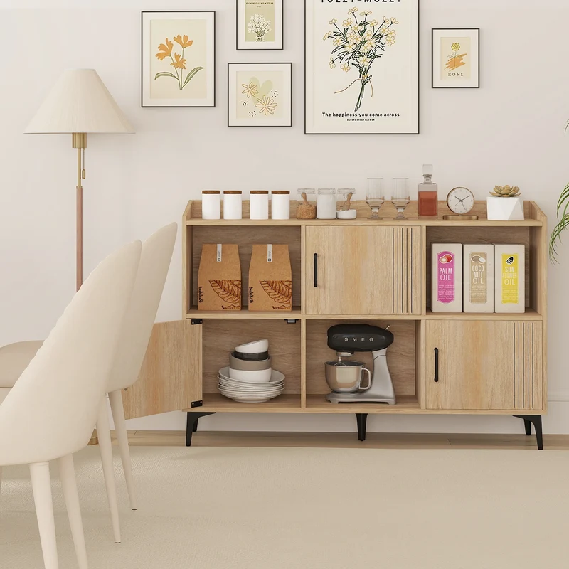 Sideboard Storage Cabinet, 3 Doors, Open Compartments, Oak