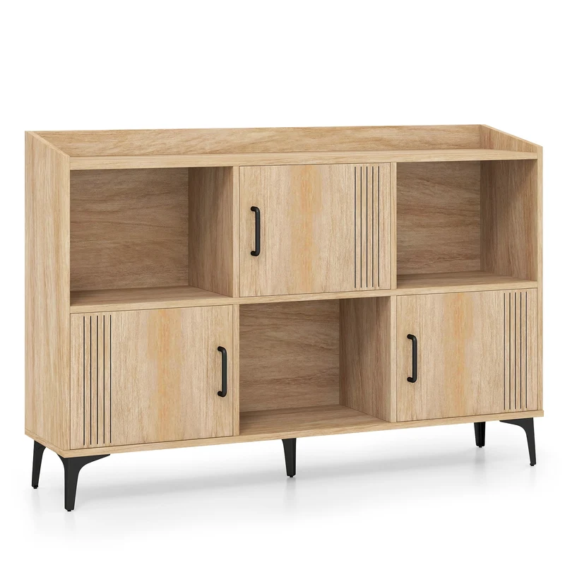 Sideboard Storage Cabinet, 3 Doors, Open Compartments, Oak