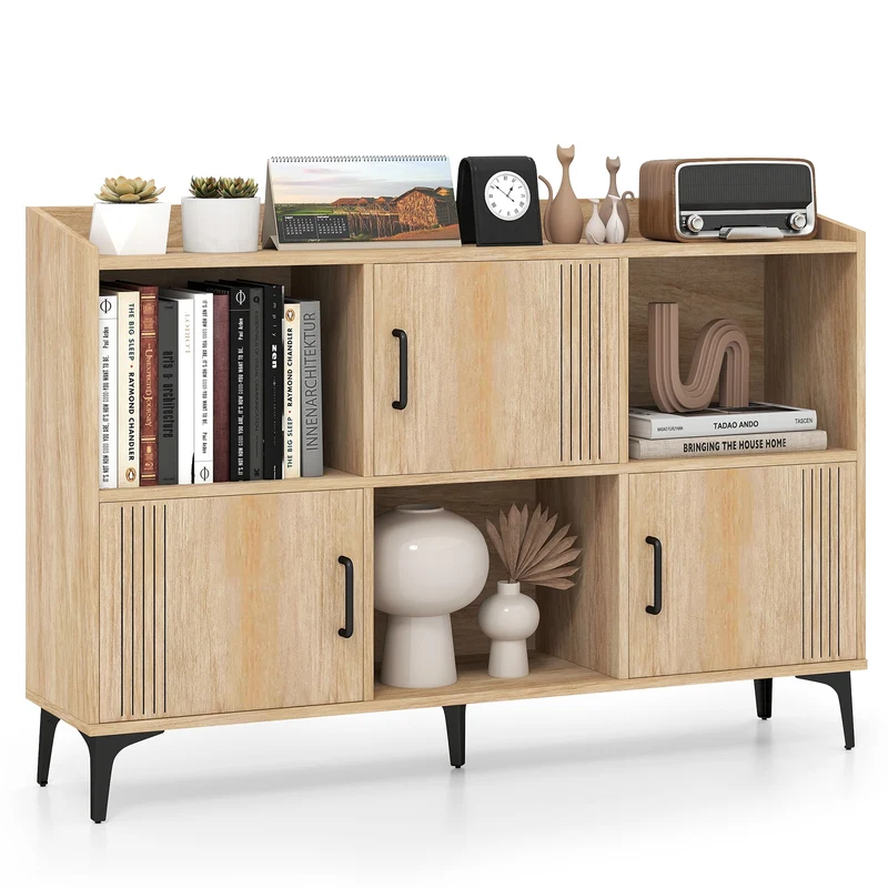 Sideboard Storage Cabinet, 3 Doors, Open Compartments, Oak