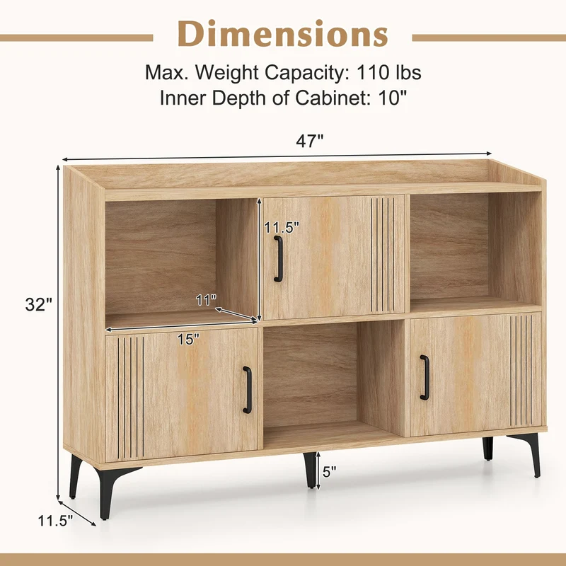 Sideboard Storage Cabinet, 3 Doors, Open Compartments, Oak