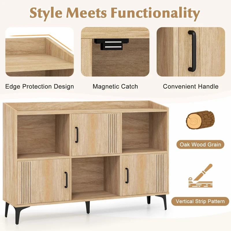 Sideboard Storage Cabinet, 3 Doors, Open Compartments, Oak