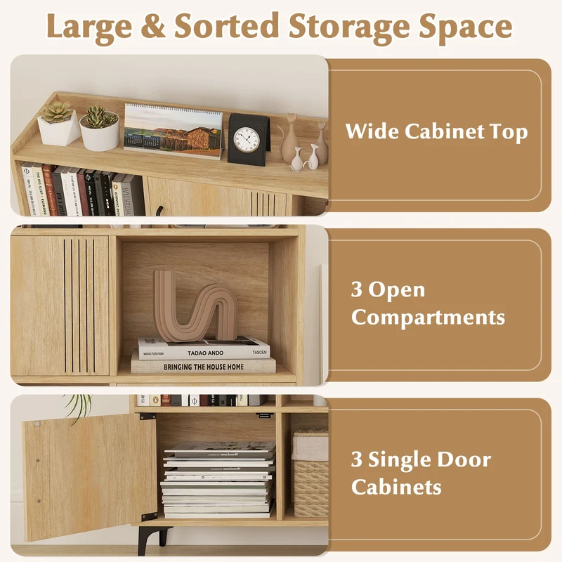 Sideboard Storage Cabinet, 3 Doors, Open Compartments, Oak