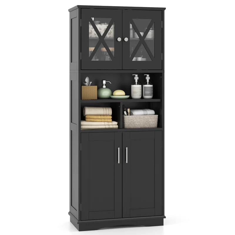 Tall Bathroom Cabinet, Large Floor Storage, Acrylic Doors, 3 Cubes, Black