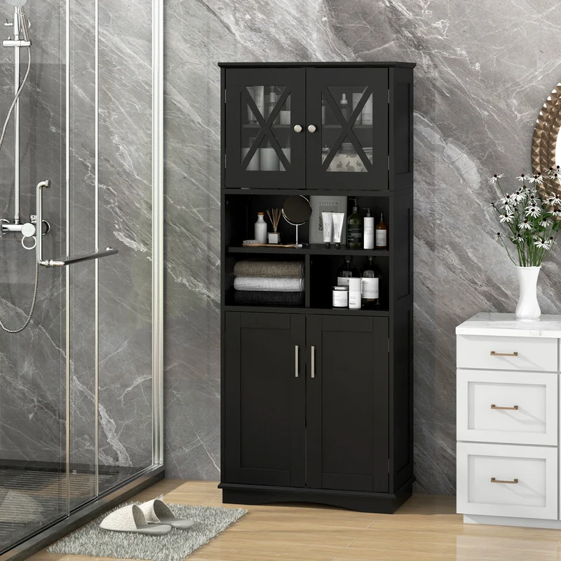 Tall Bathroom Cabinet, Large Floor Storage, Acrylic Doors, 3 Cubes, Black