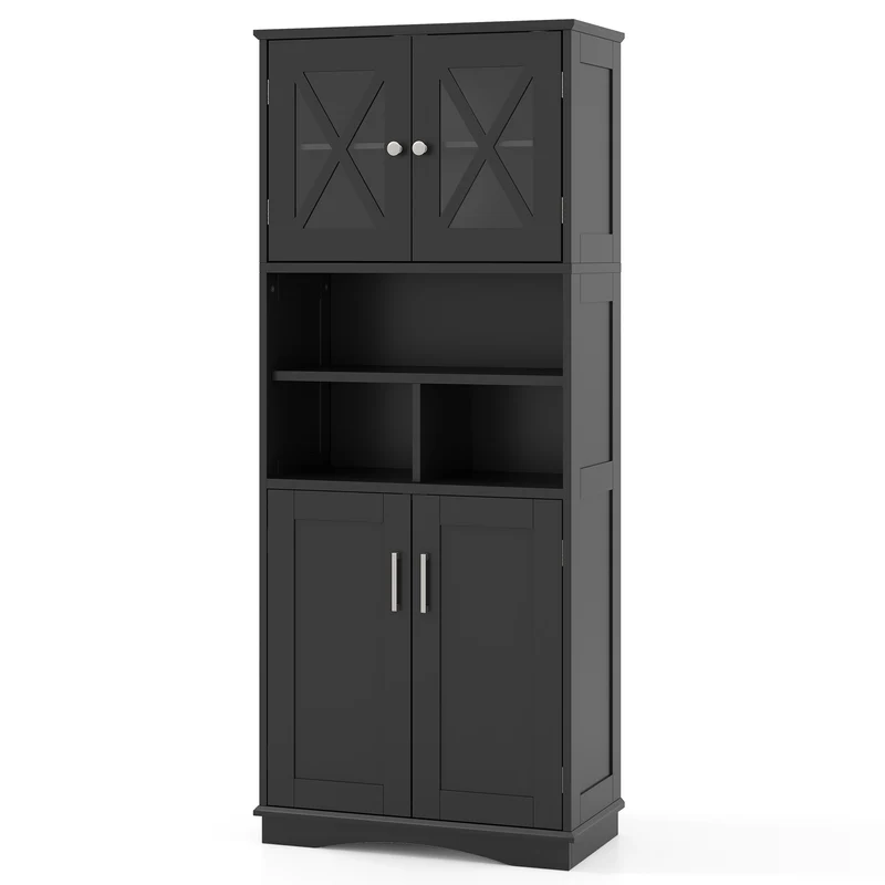 Tall Bathroom Cabinet, Large Floor Storage, Acrylic Doors, 3 Cubes, Black