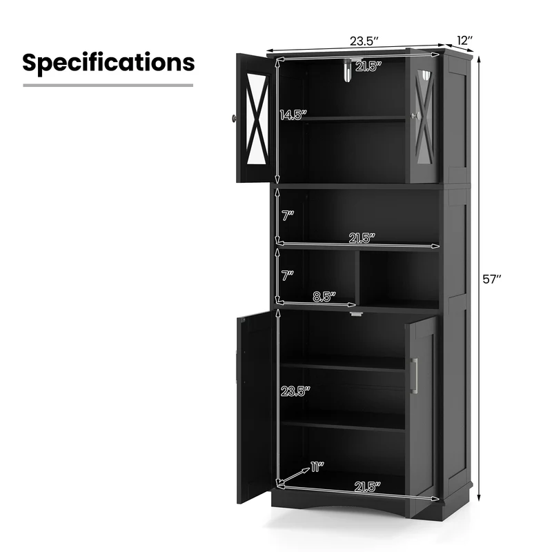 Tall Bathroom Cabinet, Large Floor Storage, Acrylic Doors, 3 Cubes, Black